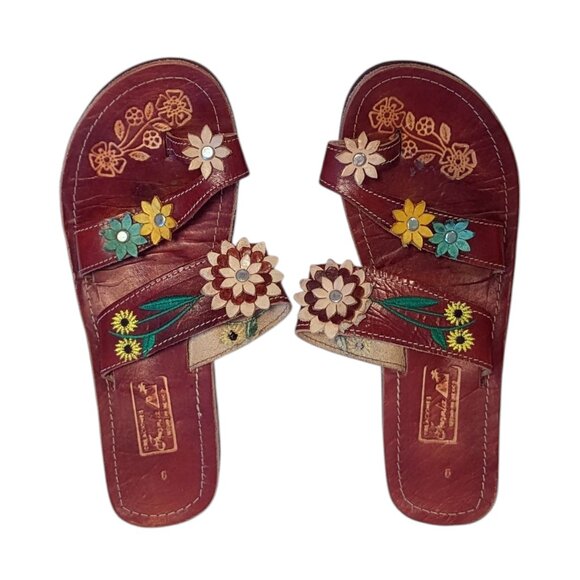 Vintage Leather Mexican Sandal Thong Floral Boho Embroidered Flip Flop Sunflower - Picture 1 of 12